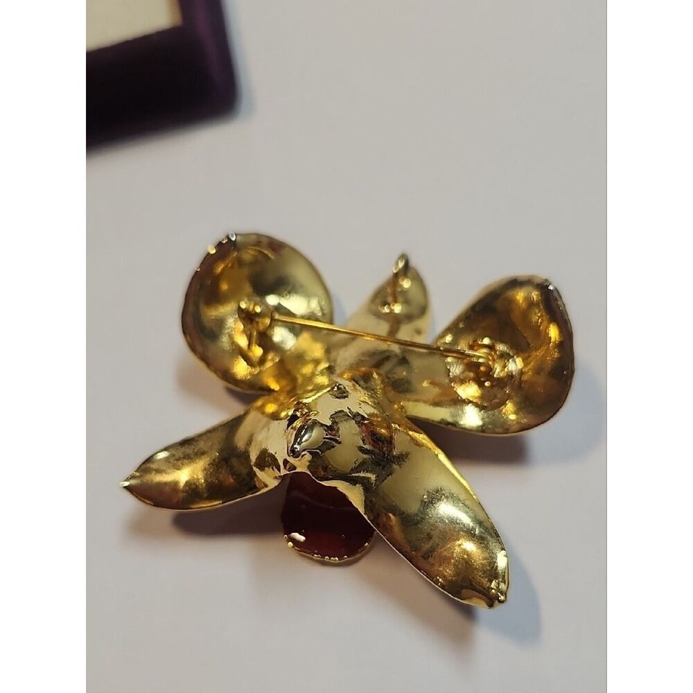 La Belle Collection 24K Gold Plated Red Enamel Orchid Pendant Necklace Brooch - Picture 2 of 3